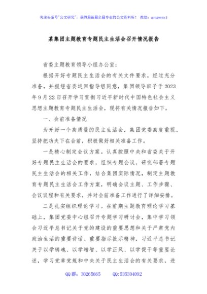 某集团主题教育专题民主生活会召开情况报告