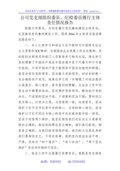 国企支部组织委员、纪检委员履行主体责任情况报告2000字