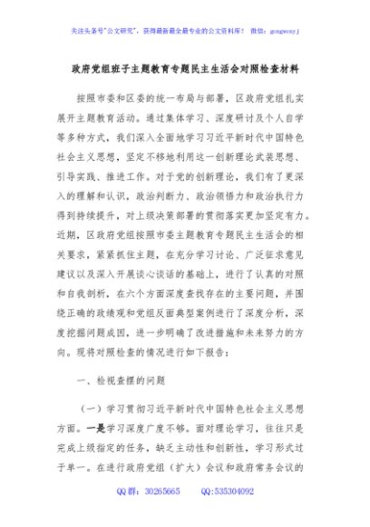 政府党组班子主题教育专题民主生活会对照检查材料