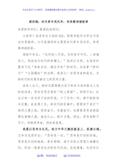 演讲稿：时代青年茂风华，传承精神谱新章