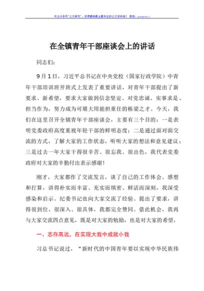 在全镇青年干部座谈会上的讲话（乡镇书记）