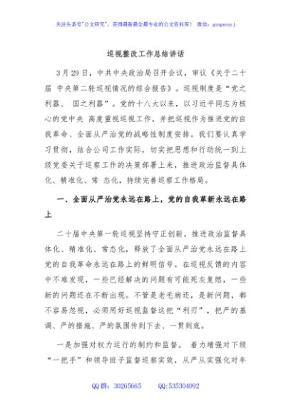 巡视整改工作总结讲话