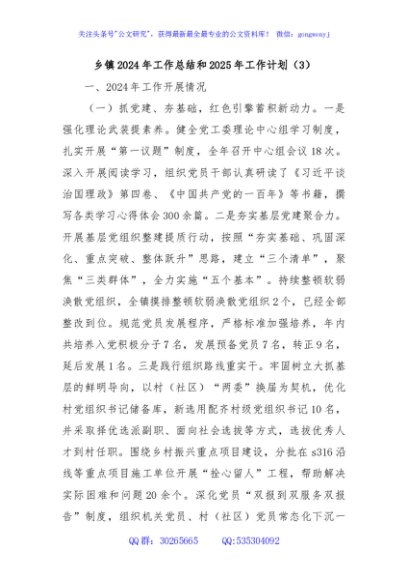 乡镇2024年工作总结和2025年工作计划（3）