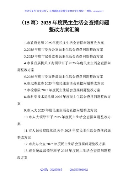（15篇）2025年度民主生活会查摆问题整改方案汇编