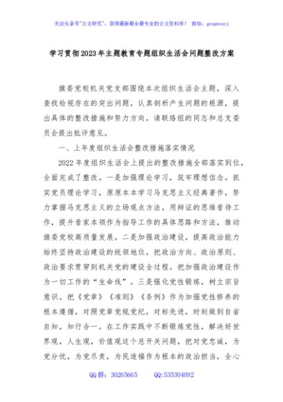 学习贯彻2023年主题教育专题组织生活会问题整改方案