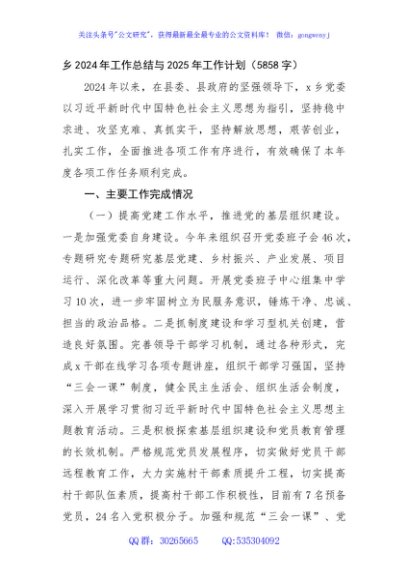 乡2024年工作总结与2025年工作计划（5858字）