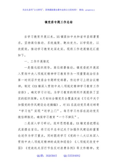 镇党委专题工作总结