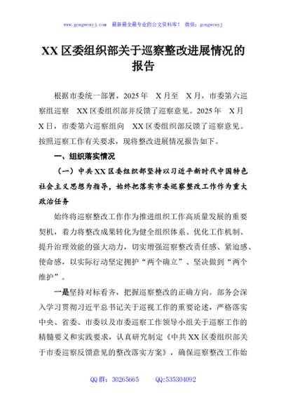 XX区委组织部关于巡察整改进展情况的报告