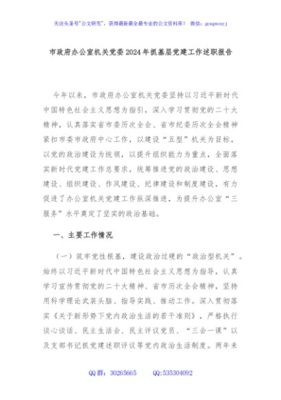 市政府办公室机关党委2024年抓基层党建工作述职报告