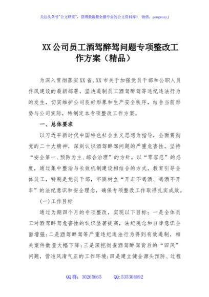 XX公司员工酒驾醉驾问题专项整改工作方案（精品）