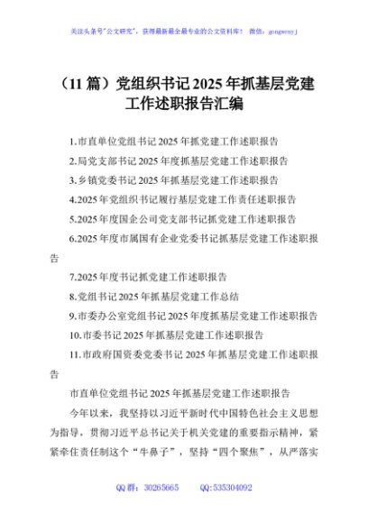 （11篇）党组织书记2025年抓基层党建工作述职报告汇编