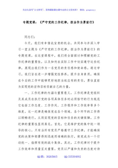 专题党课：《严守党的工作纪律，担当作为勇前行》