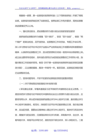 政策研究室关于落实巡察组反馈意见整改进展情况的通报