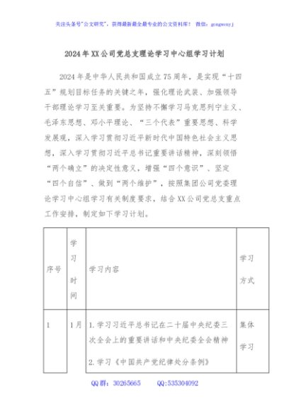 2024年XX公司党总支理论学习中心组学习计划