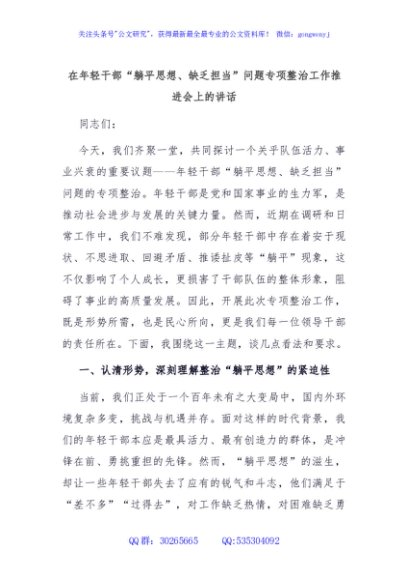 在年轻干部“躺平思想、缺乏担当”问题专项整治工作推进会上的讲话