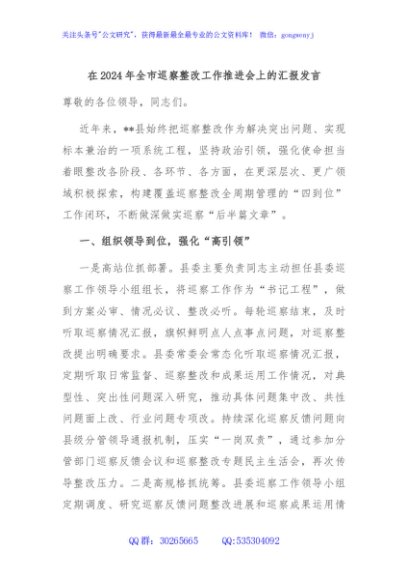 在2024年全市巡察整改工作推进会上的汇报发言