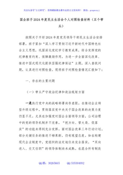 国企班子2024年度民主生活会个人对照检查材料（五个带头）