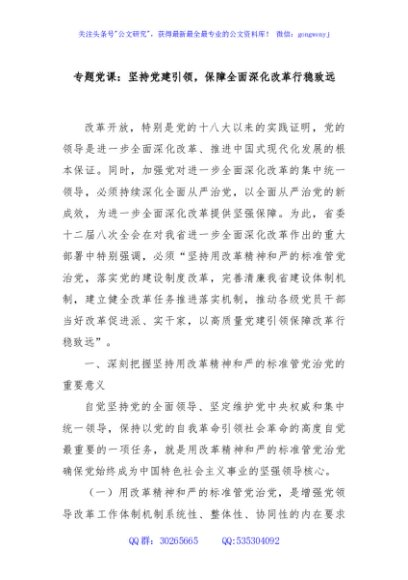 专题党课：坚持党建引领，保障全面深化改革行稳致远