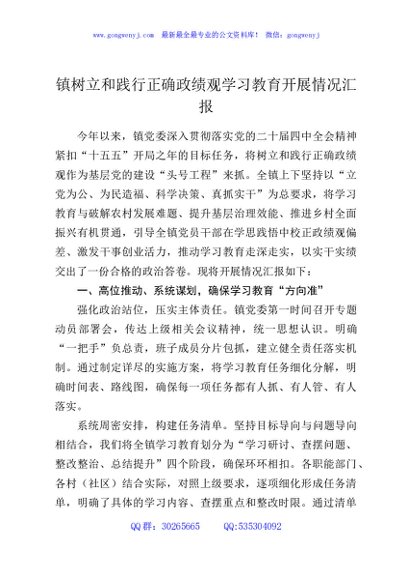 镇树立和践行正确政绩观学习教育开展情况汇报
