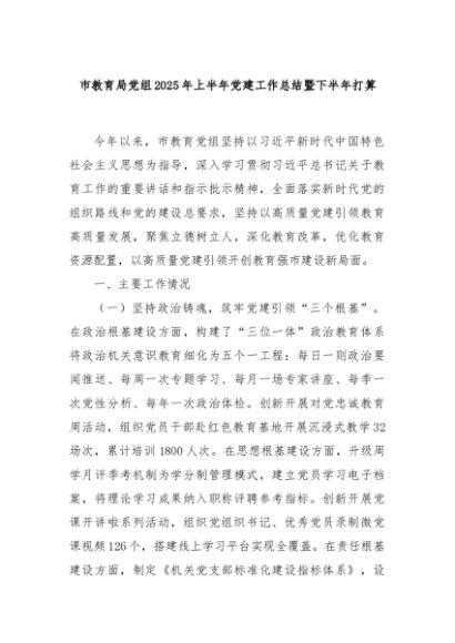 市教育局党组2025年上半年党建工作总结暨下半年打算
