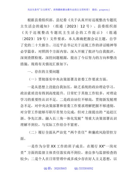 国企公司巡视（巡察）整改专题民主生活会个人对照检查发言2000字