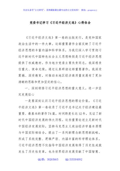 党委书记学习《总书记经济文选》心得体会