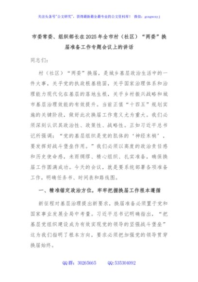 市委常委、组织部长在2025年全市村（社区）“两委”换届准备工作专题会议上的讲话
