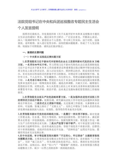 法院党组书记在中央和兵团巡视整改专题民主生活会个人发言提纲