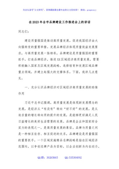 在2023年全市品牌建设工作推进会上的讲话
