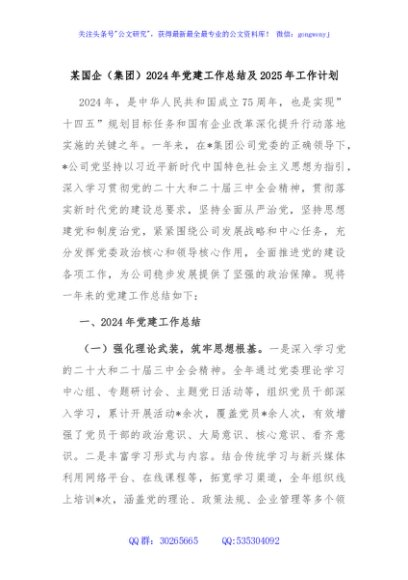 某国企（集团）2024年党建工作总结及2025年工作计划