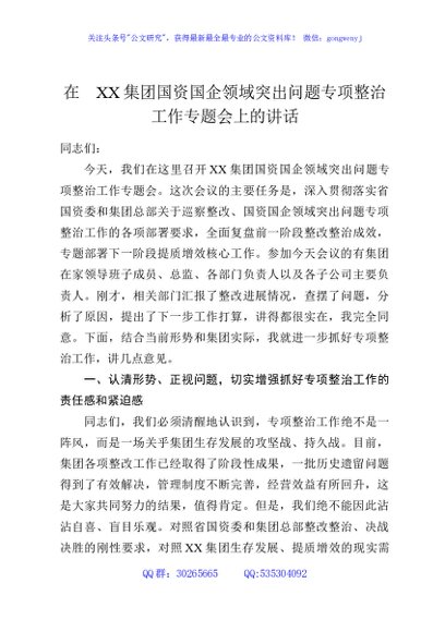 在XX集团国资国企领域突出问题专项整治工作专题会上的讲话