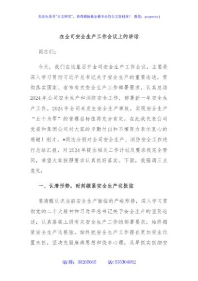在全司安全生产工作会议上的讲话