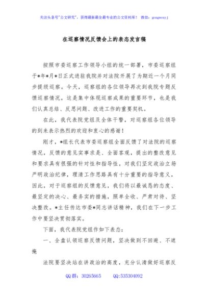 在巡察情况反馈会上的表态发言稿