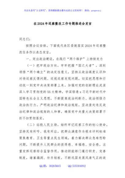在2024年巡察整改工作专题推进会发言