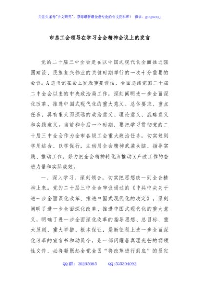 市总工会领导在学习全会精神会议上的发言