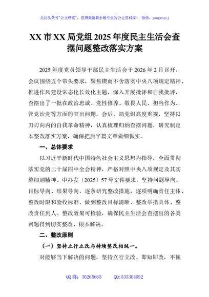 XX市XX局党组2025年度民主生活会查摆问题整改落实方案