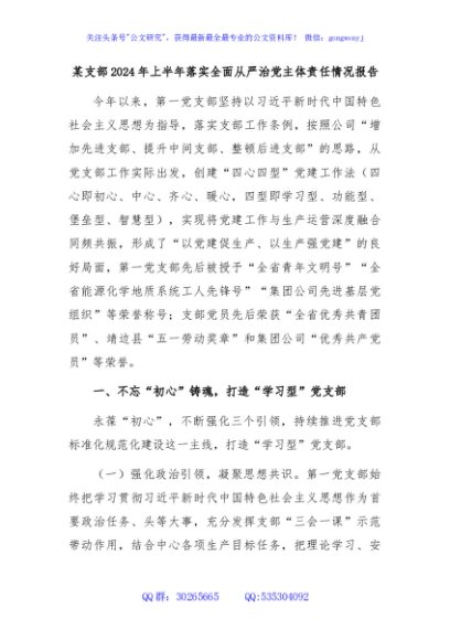 某支部2024年上半年落实全面从严治党主体责任情况报告
