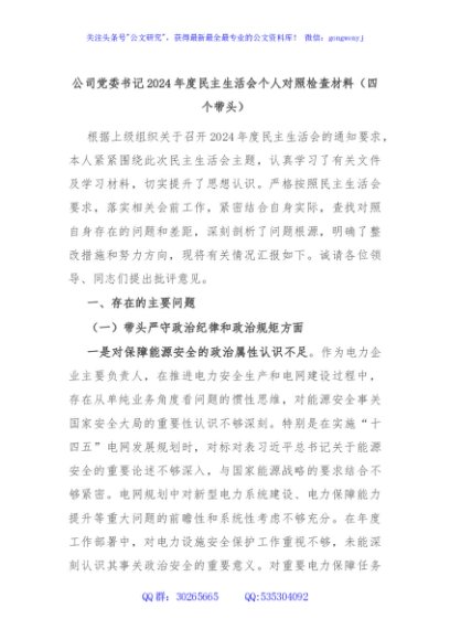 公司党委书记2024年度民主生活会个人对照检查材料（四个带头）