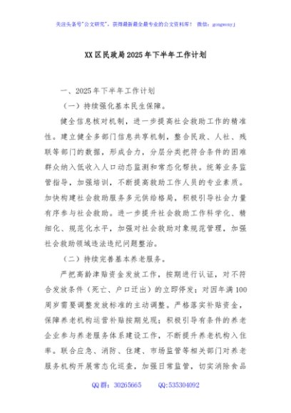 XX区民政局2025年下半年工作计划