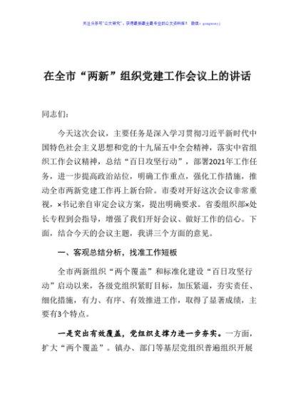 在全市两新组织党建工作会议上的讲话