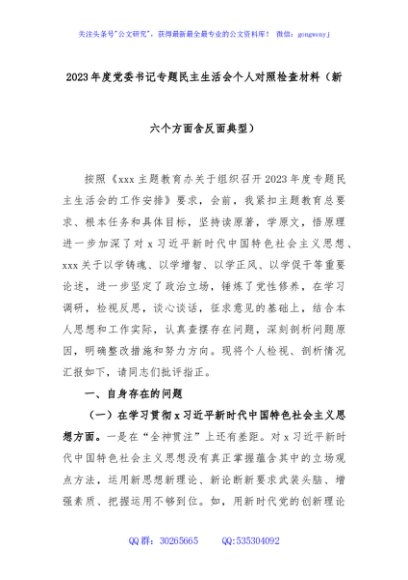2023年度党委书记专题民主生活会个人对照检查材料（新六个方面含反面典型）