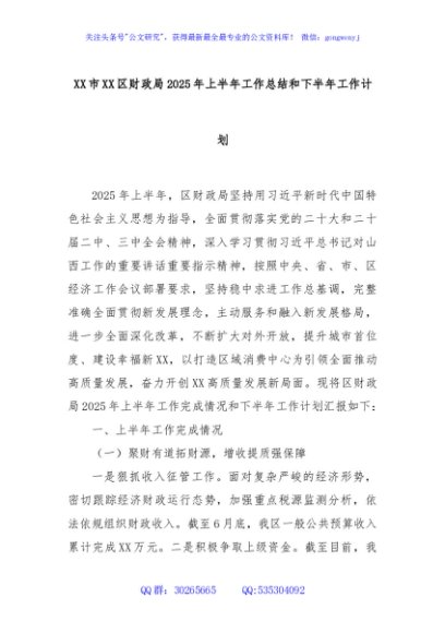 XX市XX区财政局2025年上半年工作总结和下半年工作计划