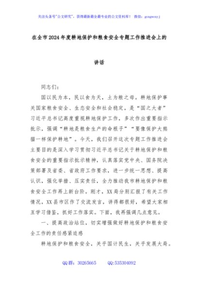 在全市2024年度耕地保护和粮食安全专题工作推进会上的讲话
