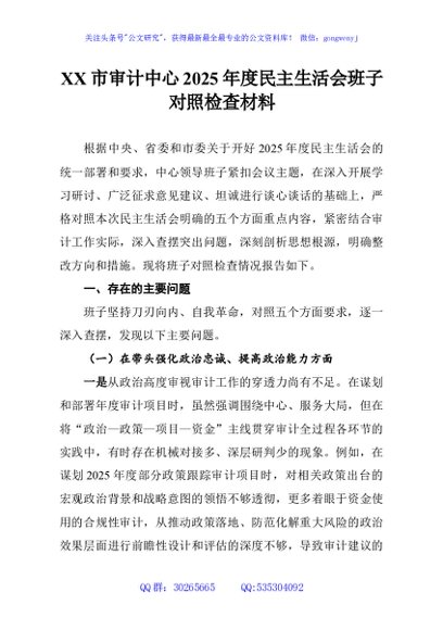 XX市审计中心2025年度民主生活会班子对照检查材料