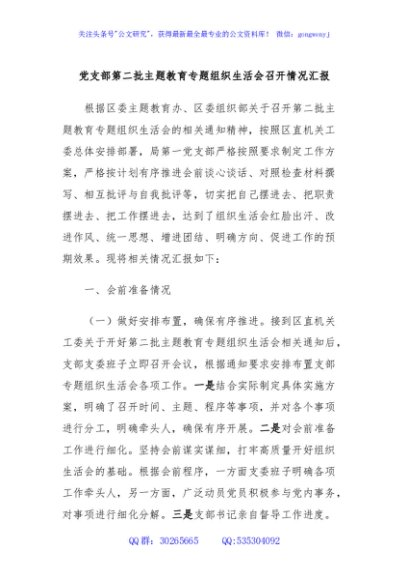 党支部第二批主题教育专题组织生活会召开情况汇报