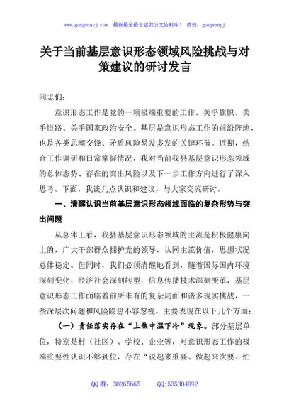 关于当前基层意识形态领域风险挑战与对策建议的研讨发言