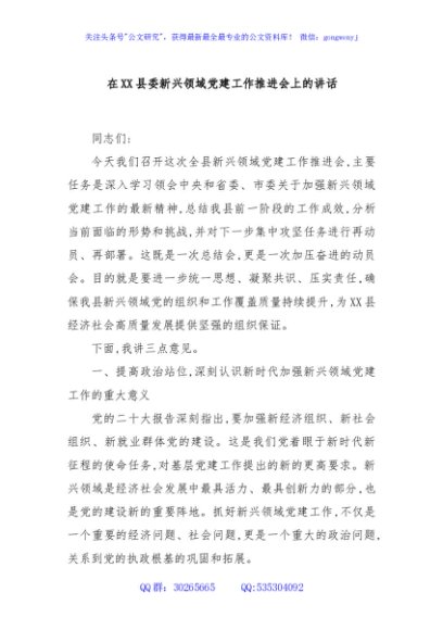 在XX县委新兴领域党建工作推进会上的讲话