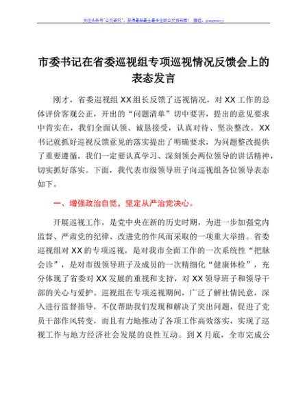 市委书记在省委巡视组专项巡视情况反馈会上的表态发言