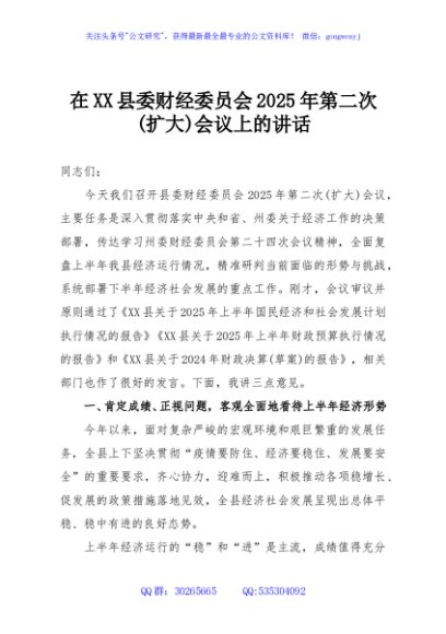 在XX县委财经委员会2025年第二次(扩大)会议上的讲话