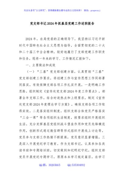 党支部书记2024年抓基层党建工作述职报告